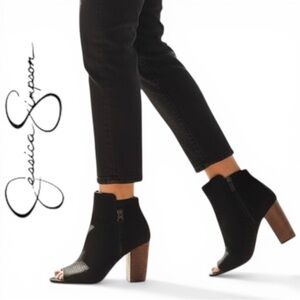 Jessica Simpson Keris Peep Toe Ankle Boots Women 8 Black Leather Block Heel